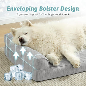 Dog lying on a gray pet bed with text about ergonomic support at Pet Servo