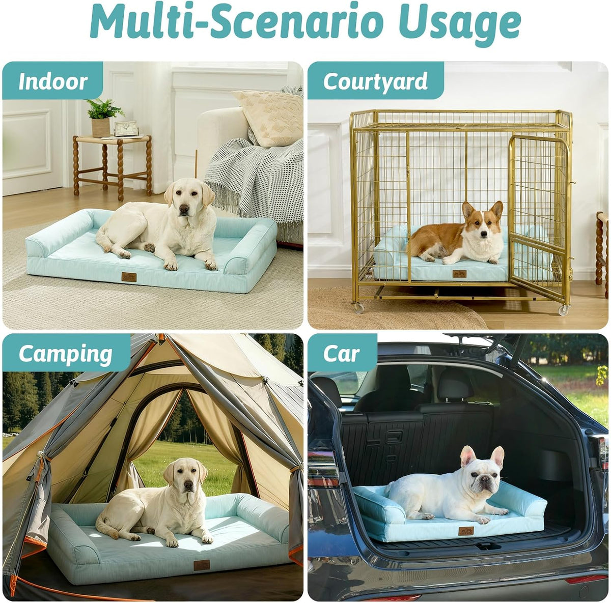 Dog bed used in various scenarios including indoor, courtyard, camping, and car at Pet Servo