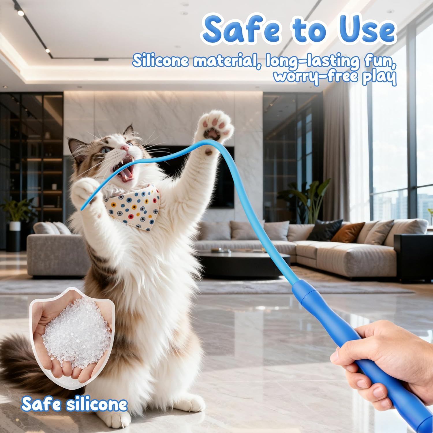 Cat playing with a blue toy held by a hand in a modern living room at Pet Servo