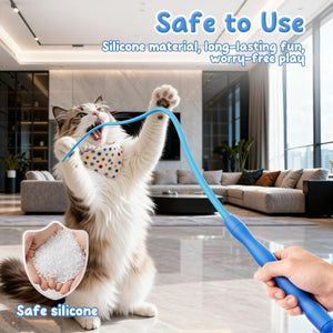 Cat playing with a blue toy held by a hand in a modern living room at Pet Servo