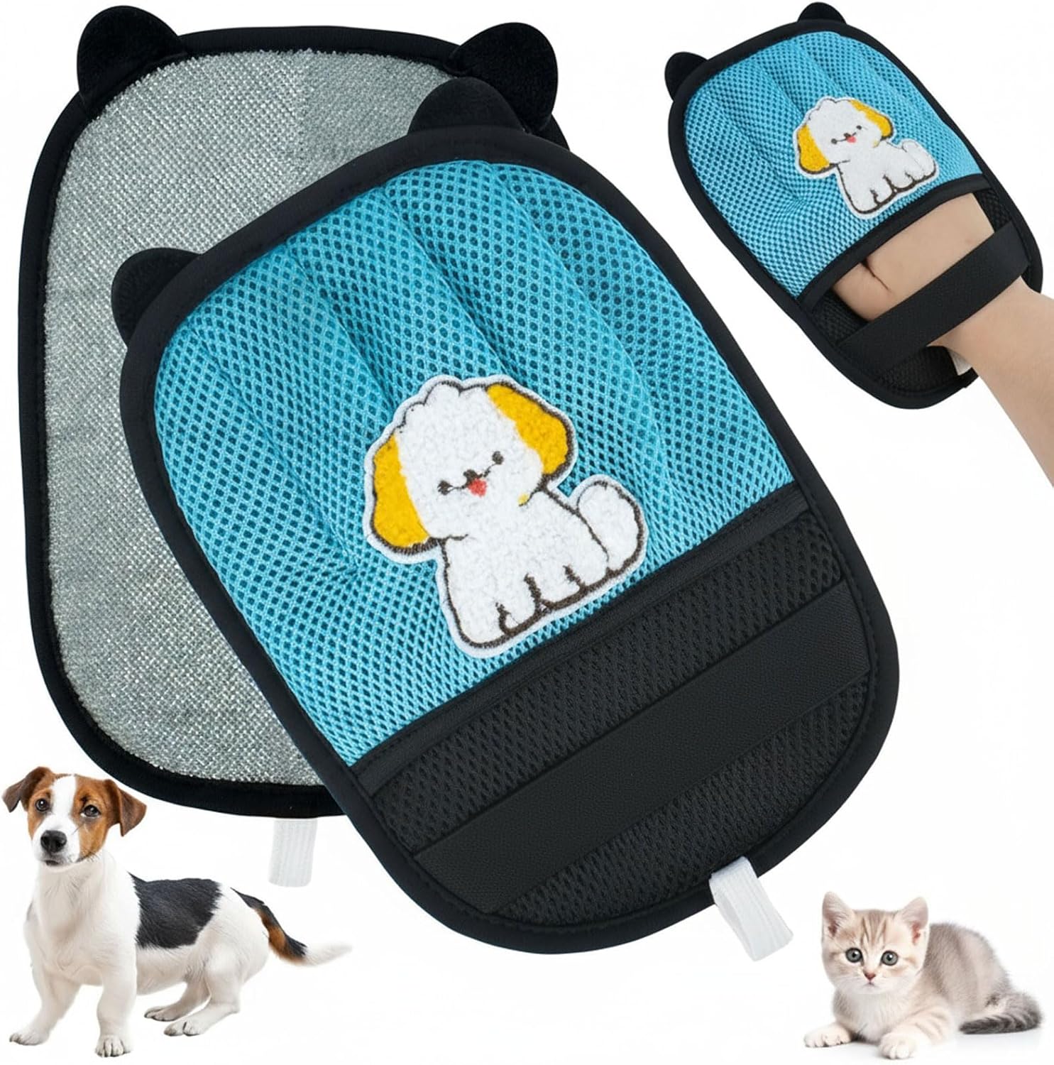 Pet car seat cover with cartoon dog design, hand holding a matching pad, and two pets for scale at Pet Servo