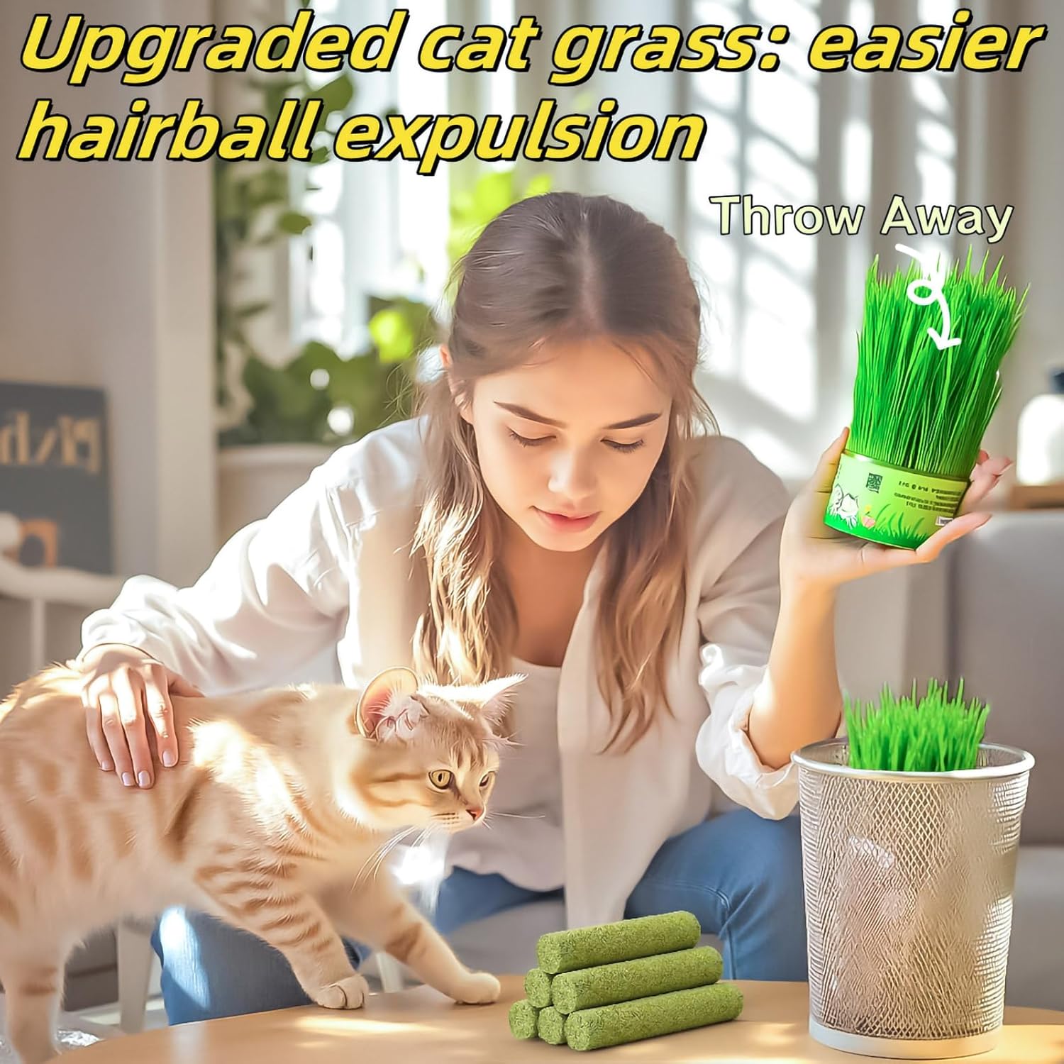 Woman with a cat and cat grass products in a home setting at Pet Servo
