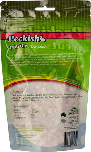 Peckish treats Banana packaging with green and red design at Pet Servo