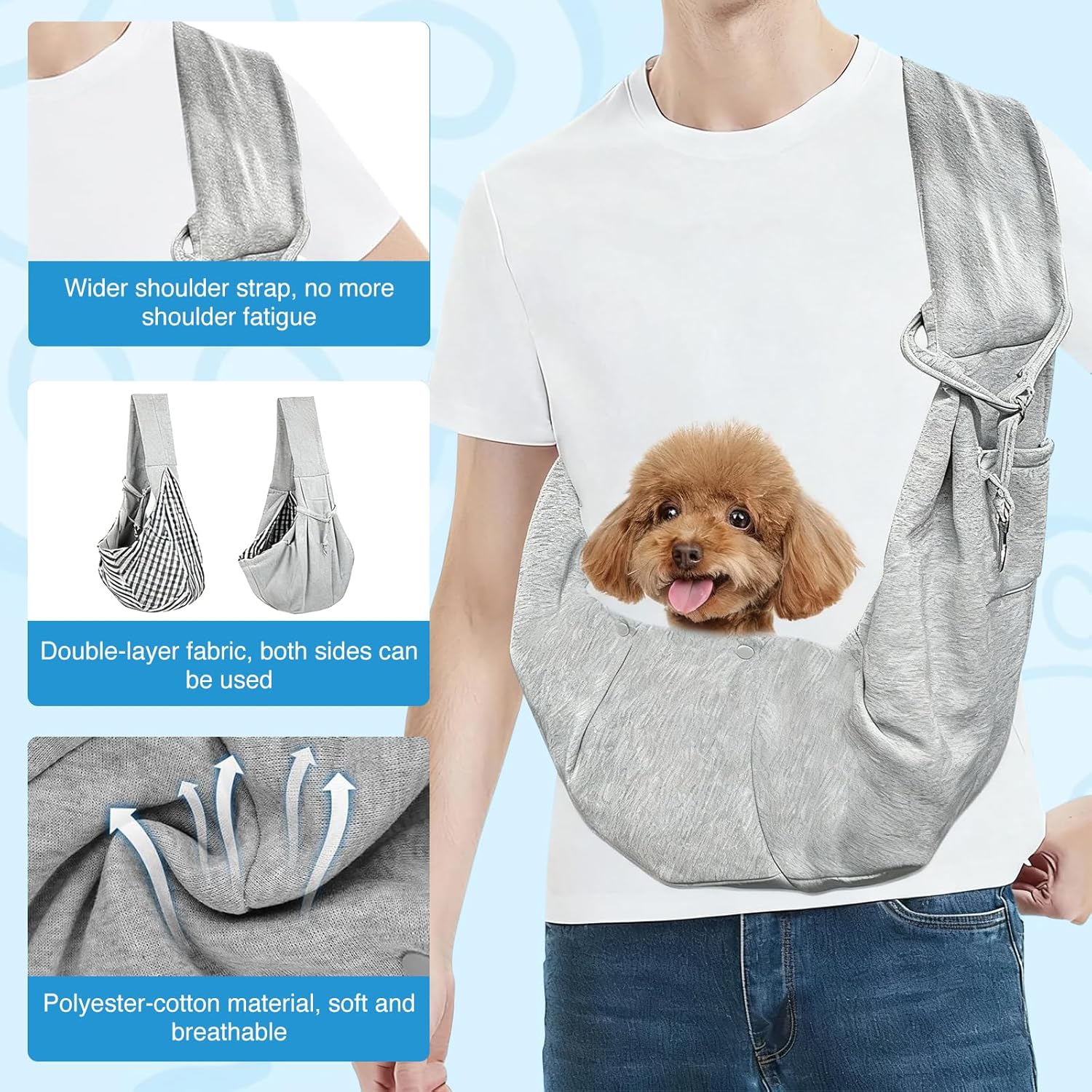 Person wearing a gray pet sling with a dog, showing features like wider shoulder strap and double-layer fabric at Pet Servo