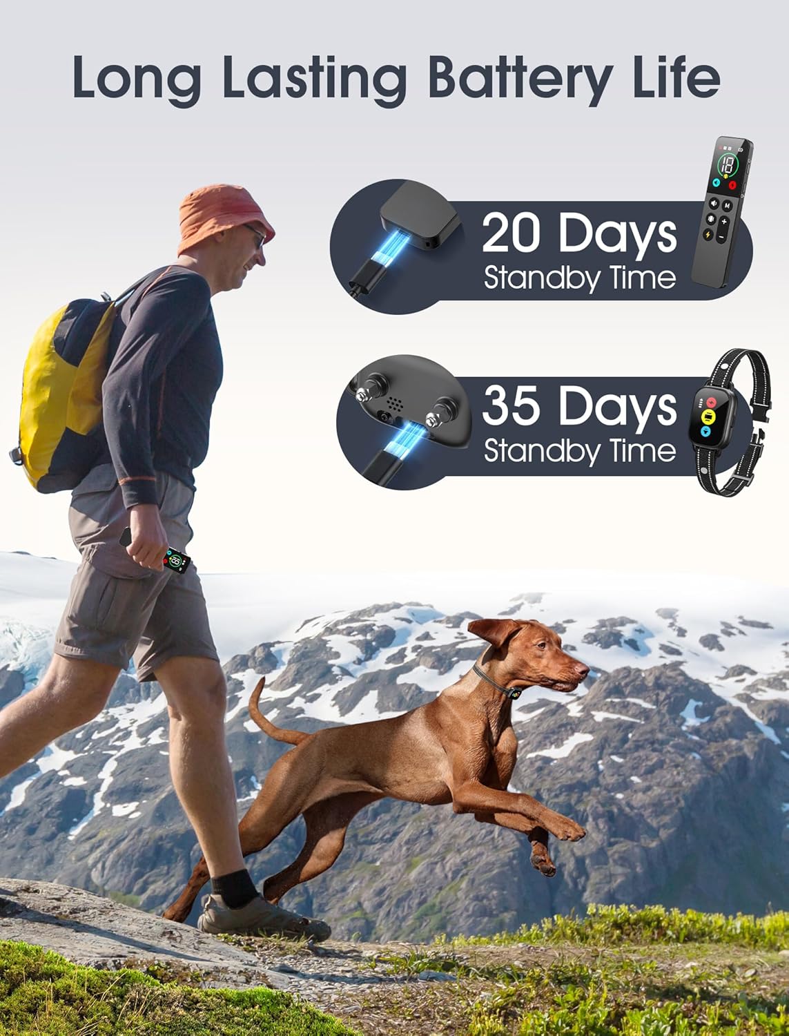 Man walking a dog with electronic devices on a mountain background, highlighting battery life at Pet Servo