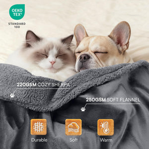 Two cats sleeping under a gray blanket with Oeko-Tex Standard 100 logo and product features.