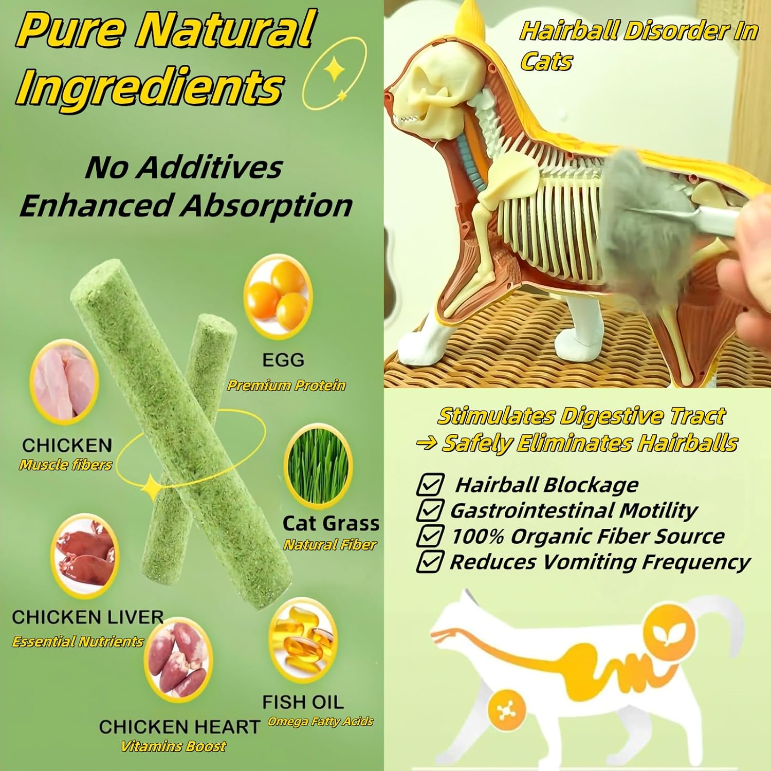 Product packaging with ingredients and benefits for cat health, including hairball disorder information at Pet Servo