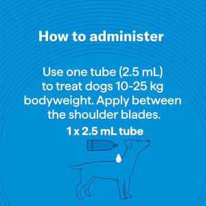 Instructions on administering a 2.5 mL tube for dogs between the shoulder blades on a blue background at Pet Servo