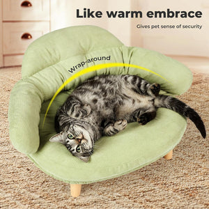 Cat lying on a green pet bed with text 'Like warm embrace' and 'Gives pet sense of security' at Pet Servo