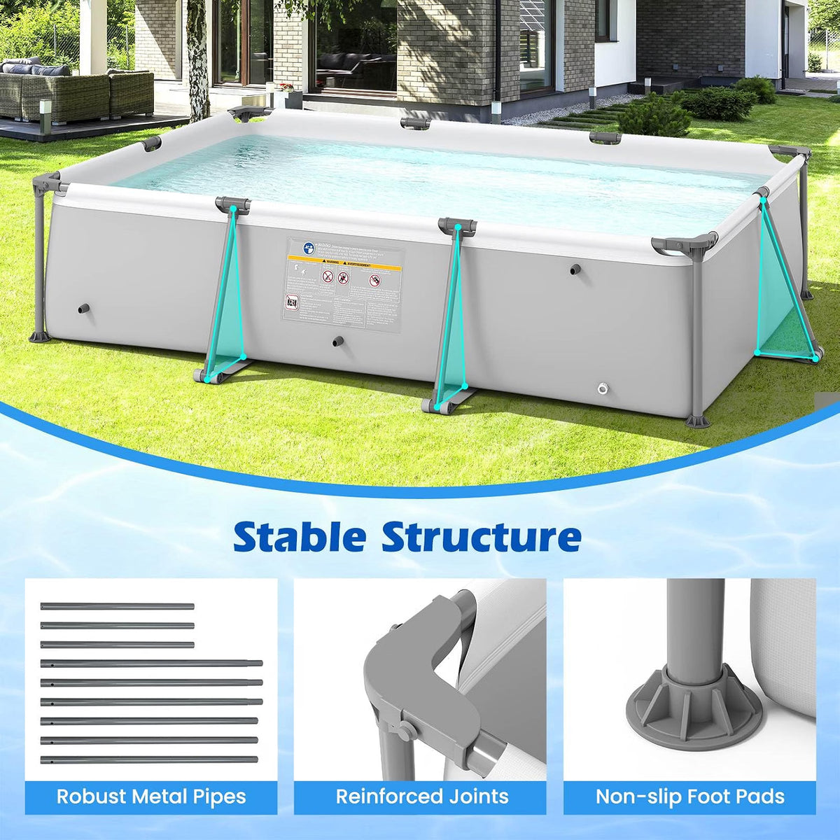 Rectangular above-ground pool with stable structure features on a grassy lawn.