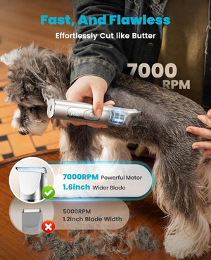 Person grooming a dog with a pet grooming tool, highlighting features like 7000 RPM and wider blade width.