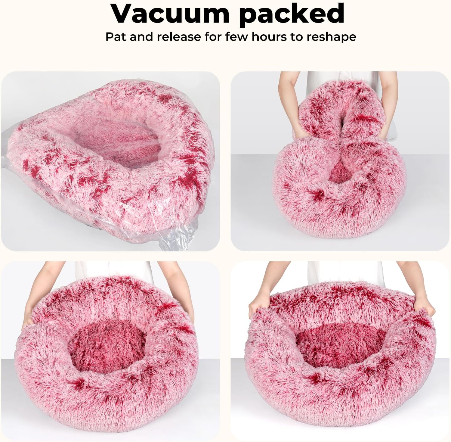 Four-panel collage showing a fluffy pink pet bed in different states: packaged, being released from vacuum packaging, and being reshaped by hands. Text at the top reads 'Vacuum packed' and 'Pat and release for few hours to reshape' at Pet Servo