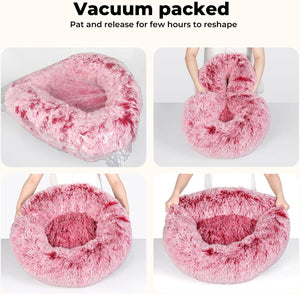 Four-panel collage showing a fluffy pink pet bed in different states: packaged, being released from vacuum packaging, and being reshaped by hands. Text at the top reads 'Vacuum packed' and 'Pat and release for few hours to reshape' at Pet Servo