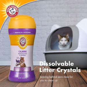 Arm & Hammer dissolvable litter crystals with a cat in a litter box in the background at Pet Servo