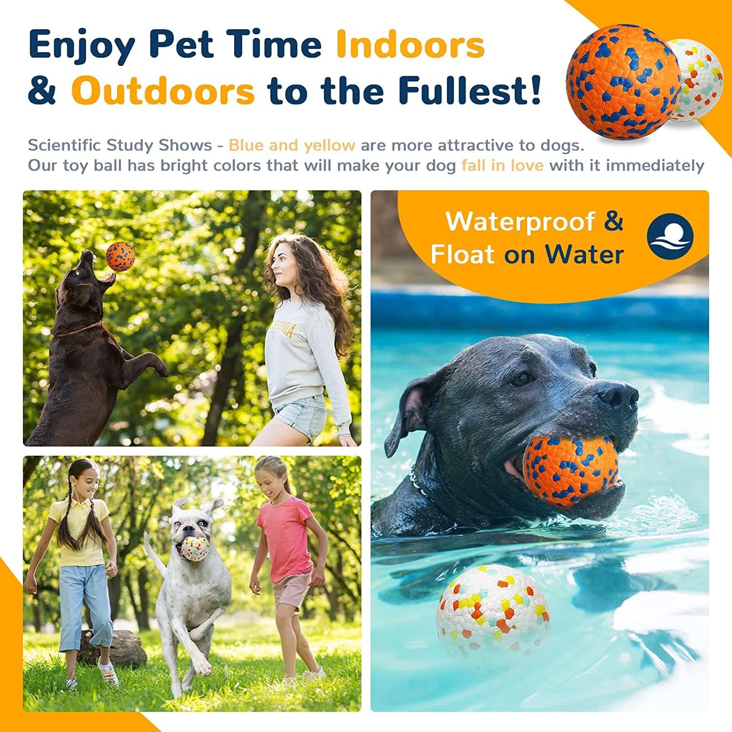 Promotional image of a dog toy ball with text about pet time indoors and outdoors, showing dogs playing with the ball in various settings at Pet Servo