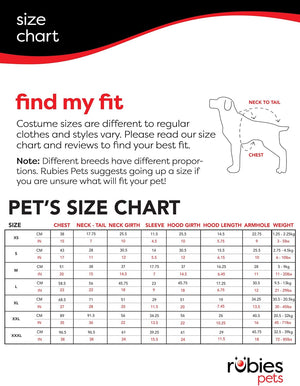 Pet size chart for costumes with a dog illustration and Rubies Pets branding at Pet Servo