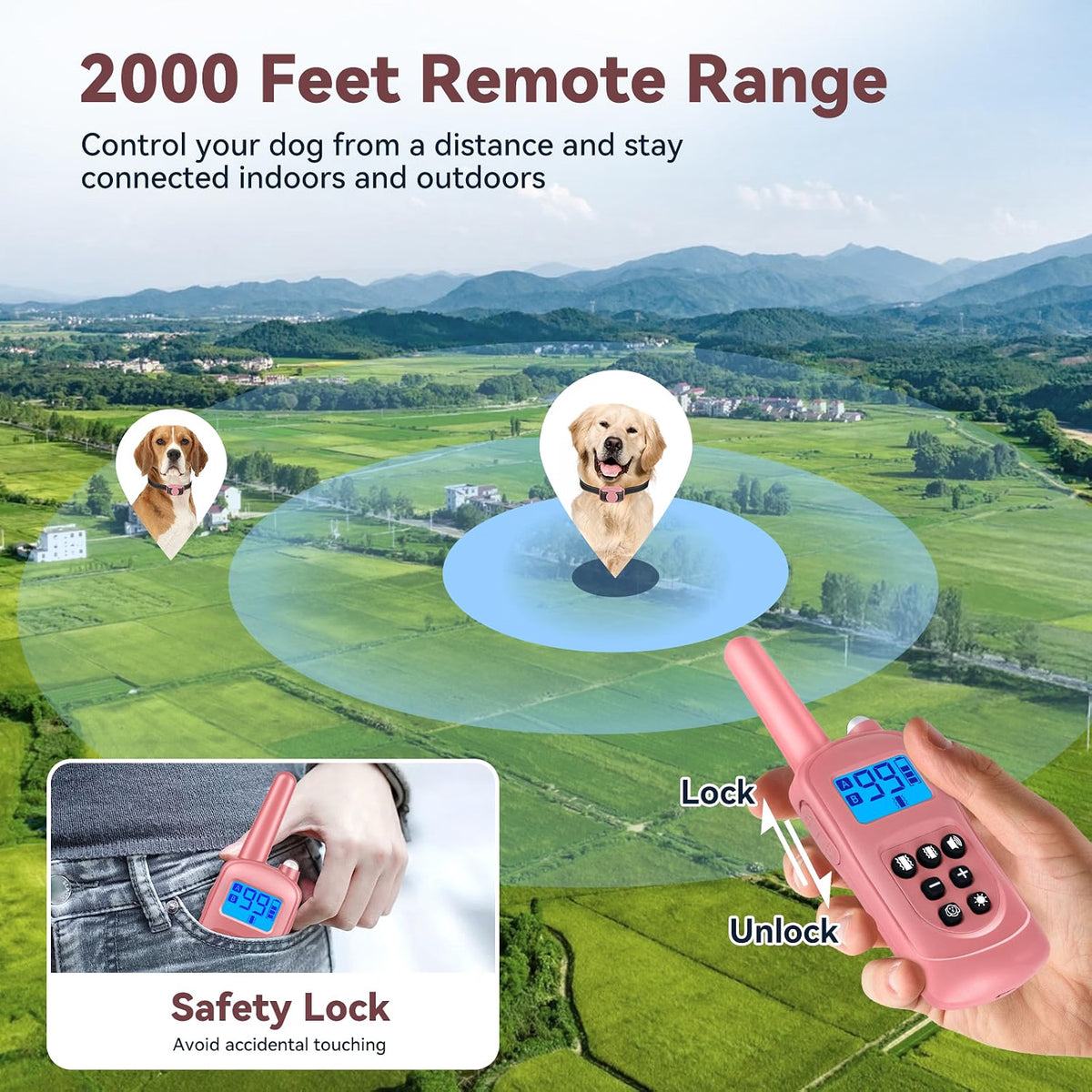 Dog training collar with remote control, 2000 feet remote range, and safety lock feature.