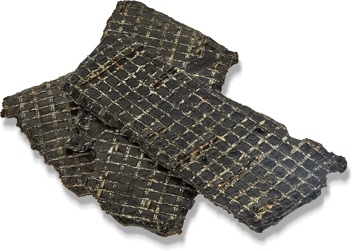 Three overlapping rectangular black woven fabric strips with a grid-like pattern, shown on a white background.