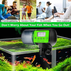 Aquarium feeder with digital display on a background of people in different settings at Pet Servo