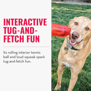 Dog playing with a red toy on grass, with text about interactive tug-and-fetch fun at Pet Servo