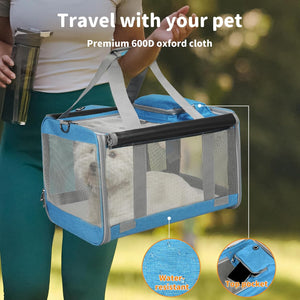 A blue and gray mesh pet carrier bag being carried outdoors by a person, with a white dog inside. The image includes text reading 'Travel with your pet' and 'Premium 600D oxford cloth,' plus two circular inset callouts highlighting water resistance and a top pocket at Pet Servo