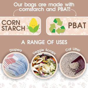 Product packaging made with corn starch and PBAT, showing uses like diapers, veggie scraps, and cat litter.