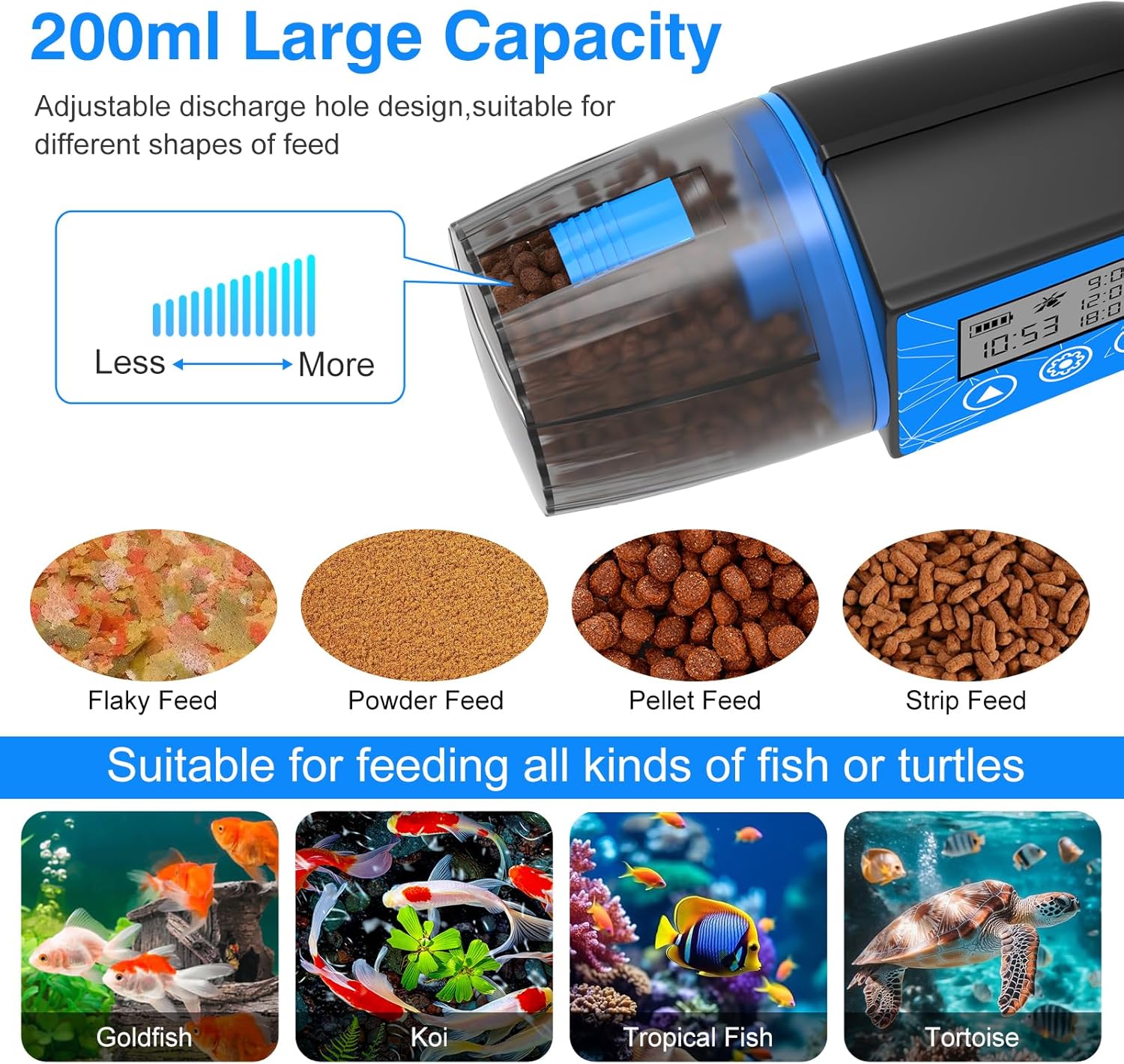 Aquarium feeder with adjustable discharge hole design, suitable for various types of fish or turtles at Pet Servo