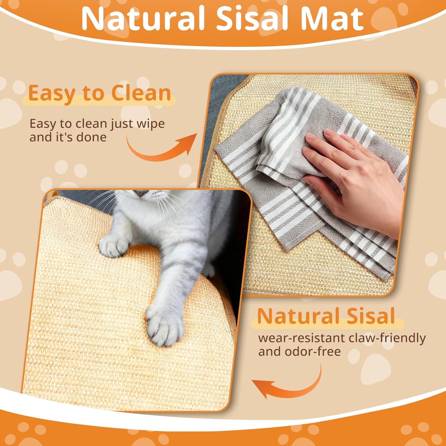 Cat using a natural sisal mat with text highlighting its ease of cleaning and properties at Pet Servo