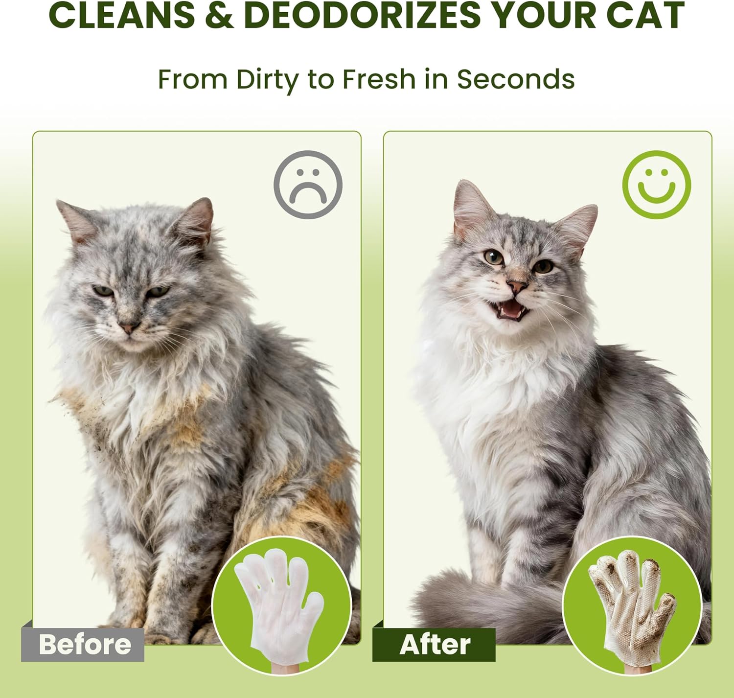 Before and after comparison of a cat with cleaning product, showing a dirty cat on the left and a clean cat on the right at Pet Servo