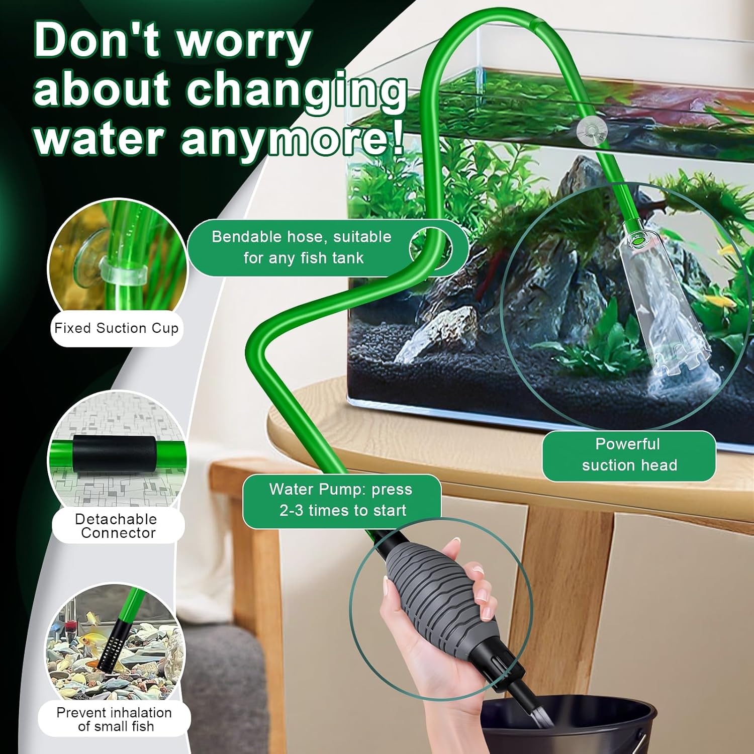 Fish tank cleaning tool with features highlighted, including a bendable hose and powerful suction head at Pet Servo