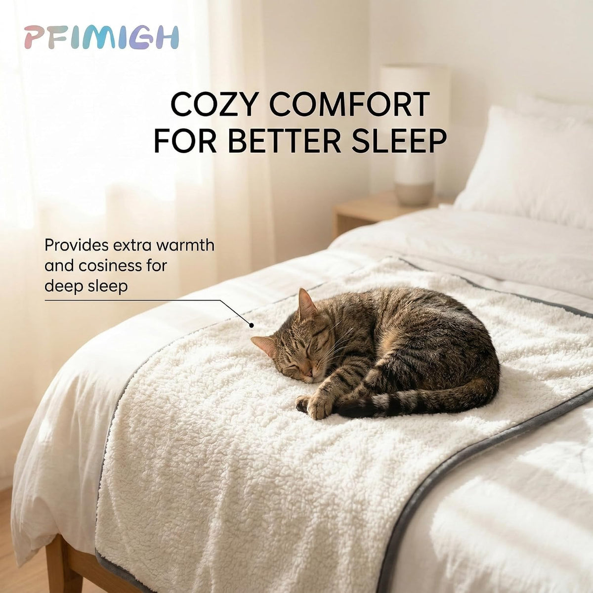 A brown tabby cat sleeps curled up on a white textured blanket draped over a bed in a softly lit bedroom. Text on the image reads 'COZY COMFORT FOR BETTER SLEEP' and 'Provides extra warmth and cosiness for deep sleep,' with the PFMIGH brand name in the top left.