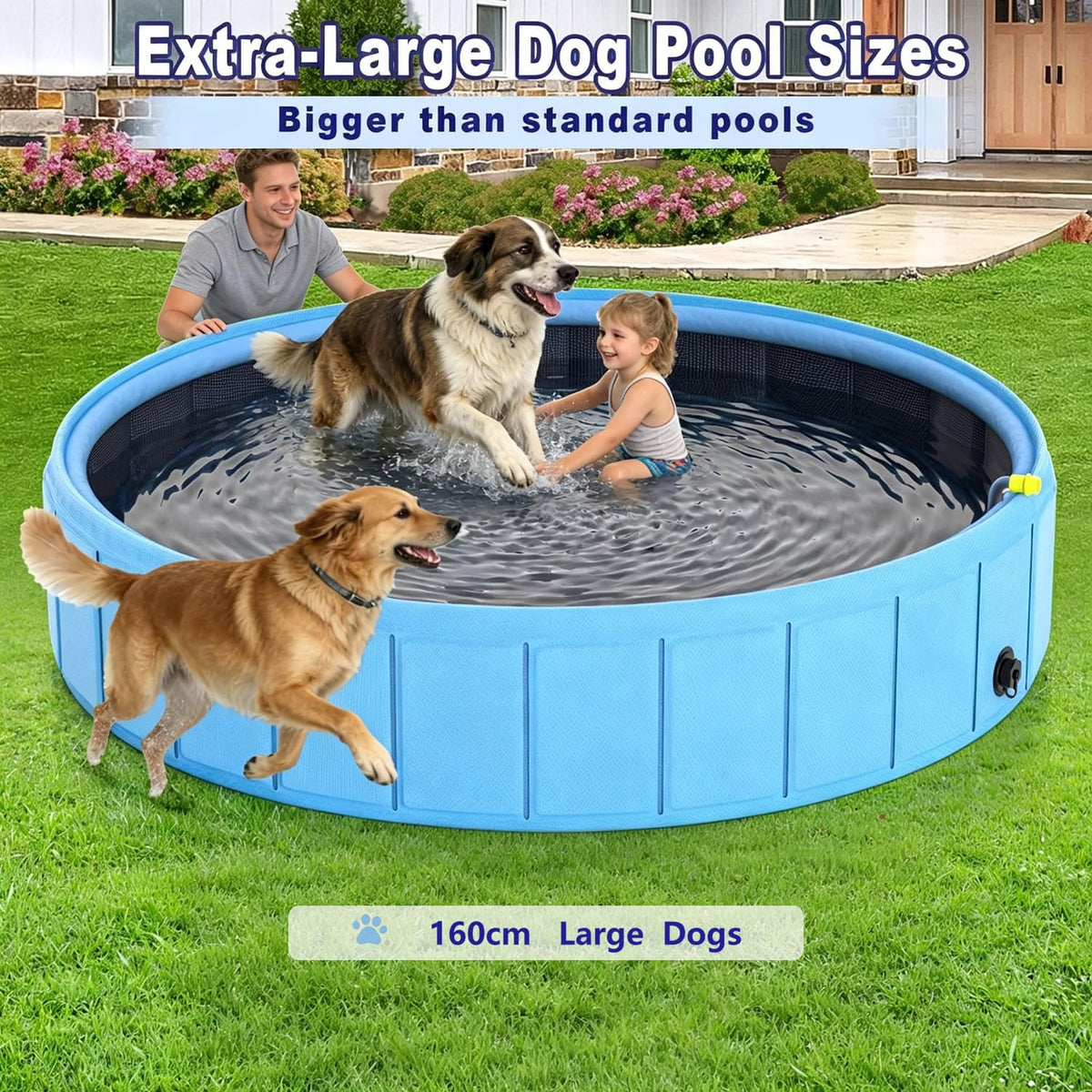 A large circular dog pool in light blue with dark water, shown on a grassy lawn with two dogs and a child inside or running near it. A man is seated at the pool edge in a backyard setting.