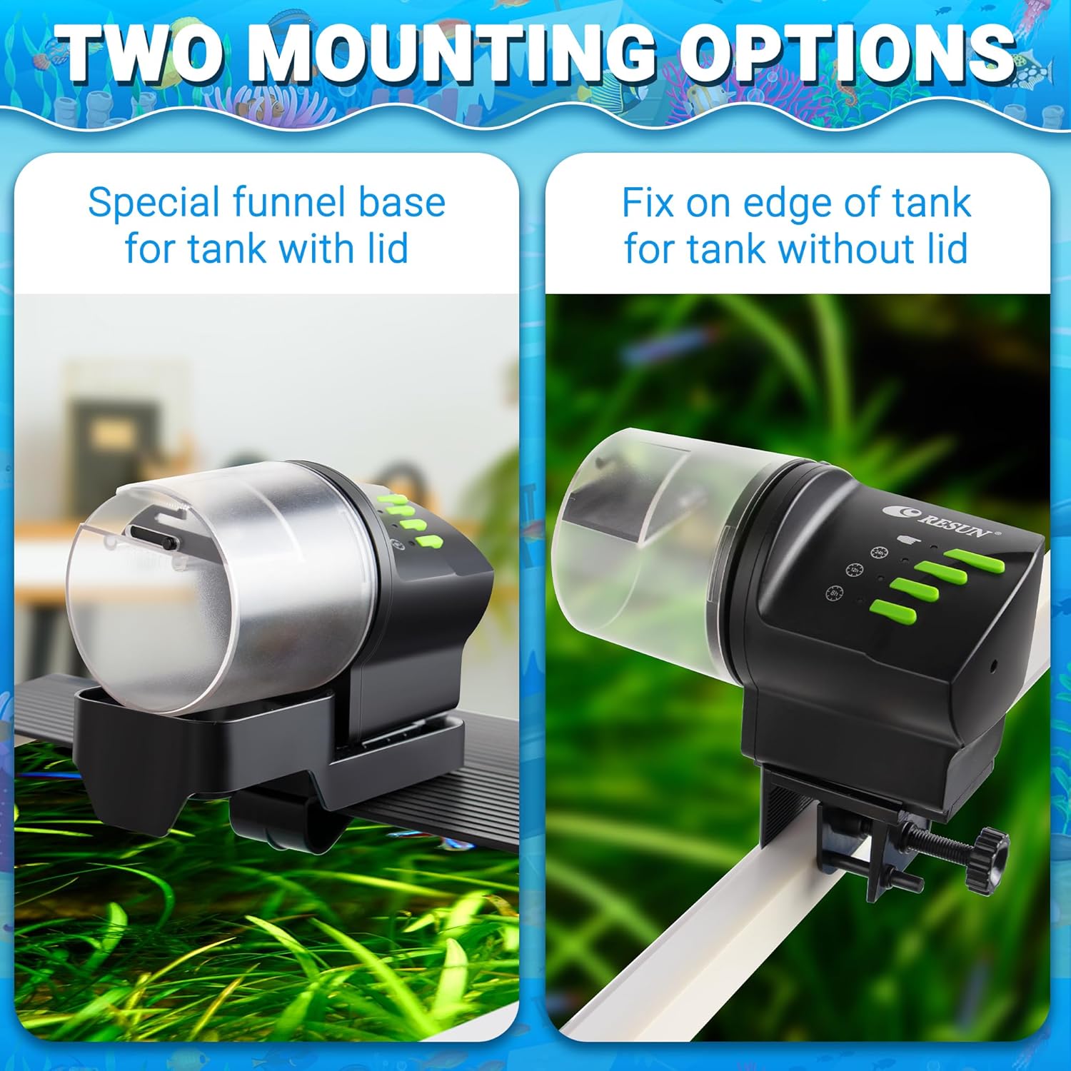 Two aquarium filter mounting options with text on a blue background at Pet Servo