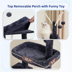 Cat tree with removable perch and toy, featuring measurements and a cat on top at Pet Servo