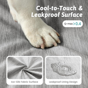 Dog paw on a textured surface with text about cool-to-touch and leakproof design at Pet Servo