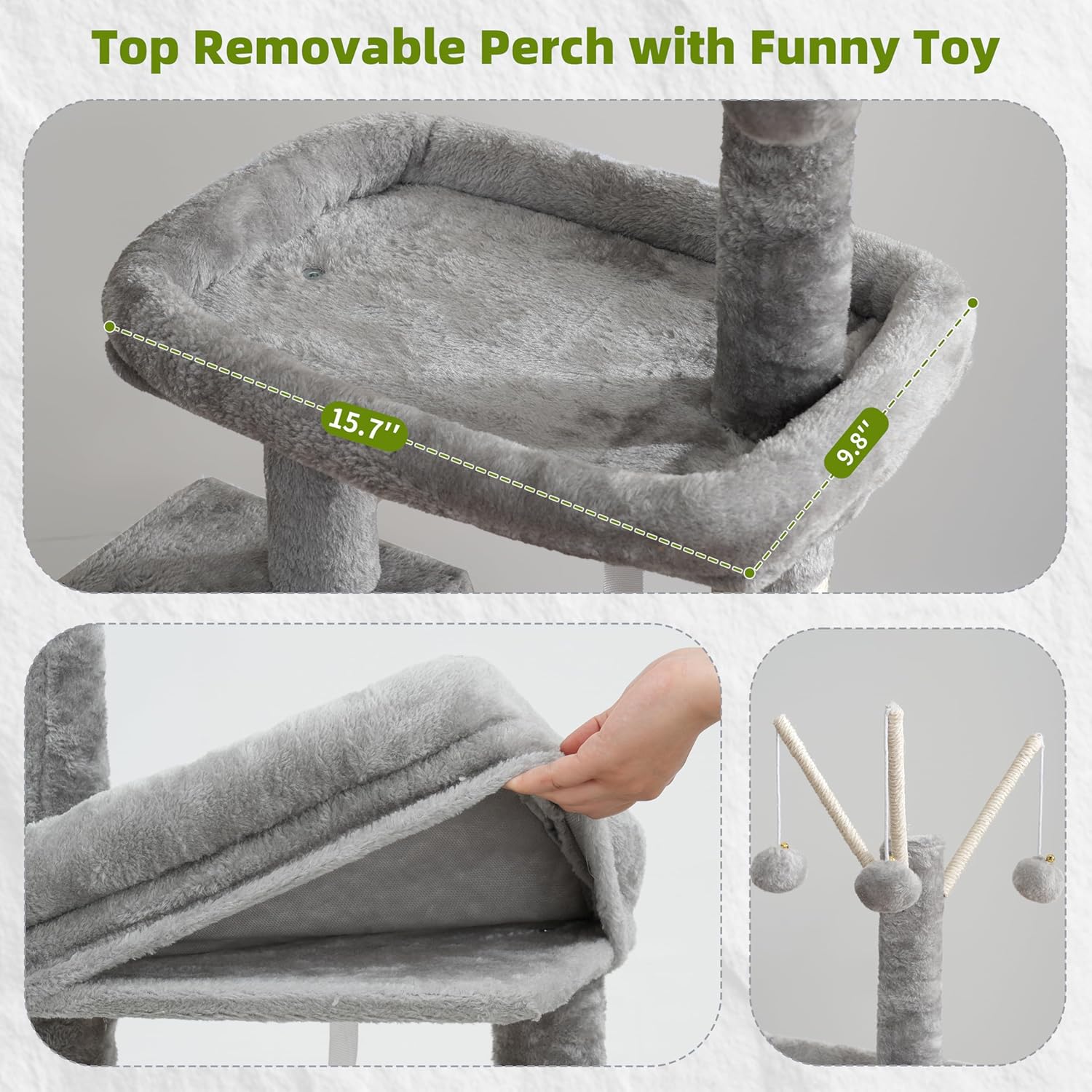 Cat tree with top removable perch and funny toy, showing dimensions and assembly at Pet Servo
