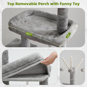 Cat tree with top removable perch and funny toy, showing dimensions and assembly at Pet Servo