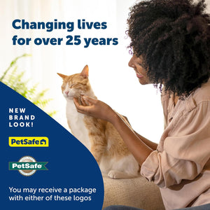 Woman petting a cat with PetSafe branding and text about their brand history at Pet Servo