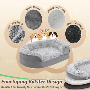 Gray pet bed with material details and cartoon dogs on a beige background