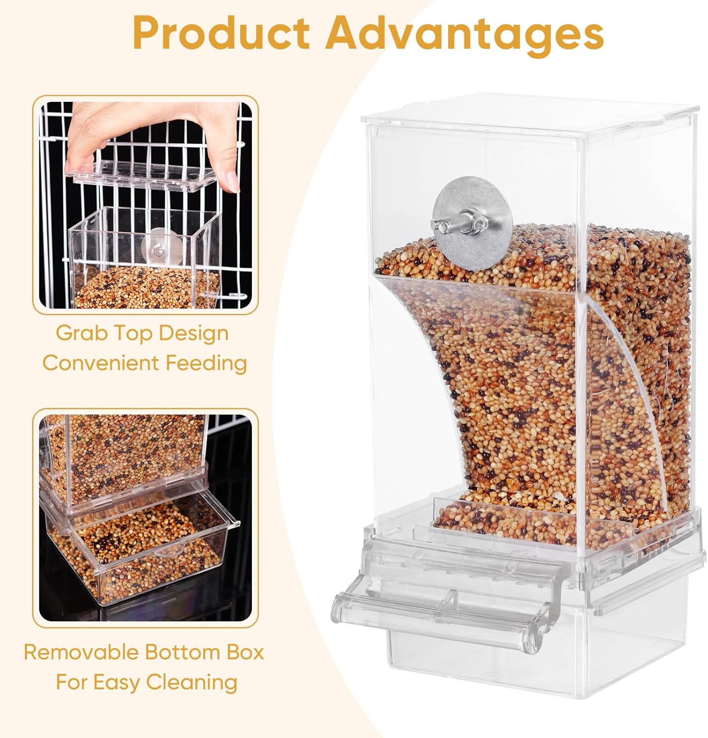 Bird feeder with product advantages highlighted on a beige background at Pet Servo