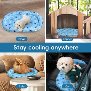 Dog cooling pad shown in various settings including floor, kennel, sofa, and car at Pet Servo