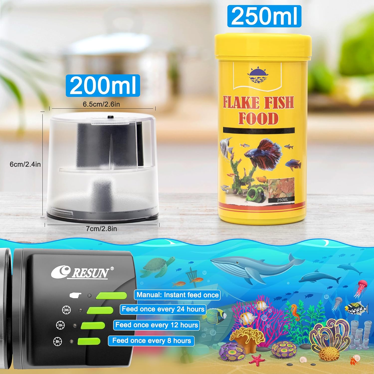 Aquarium setup with fish food container, feeder, and underwater scene illustration at Pet Servo