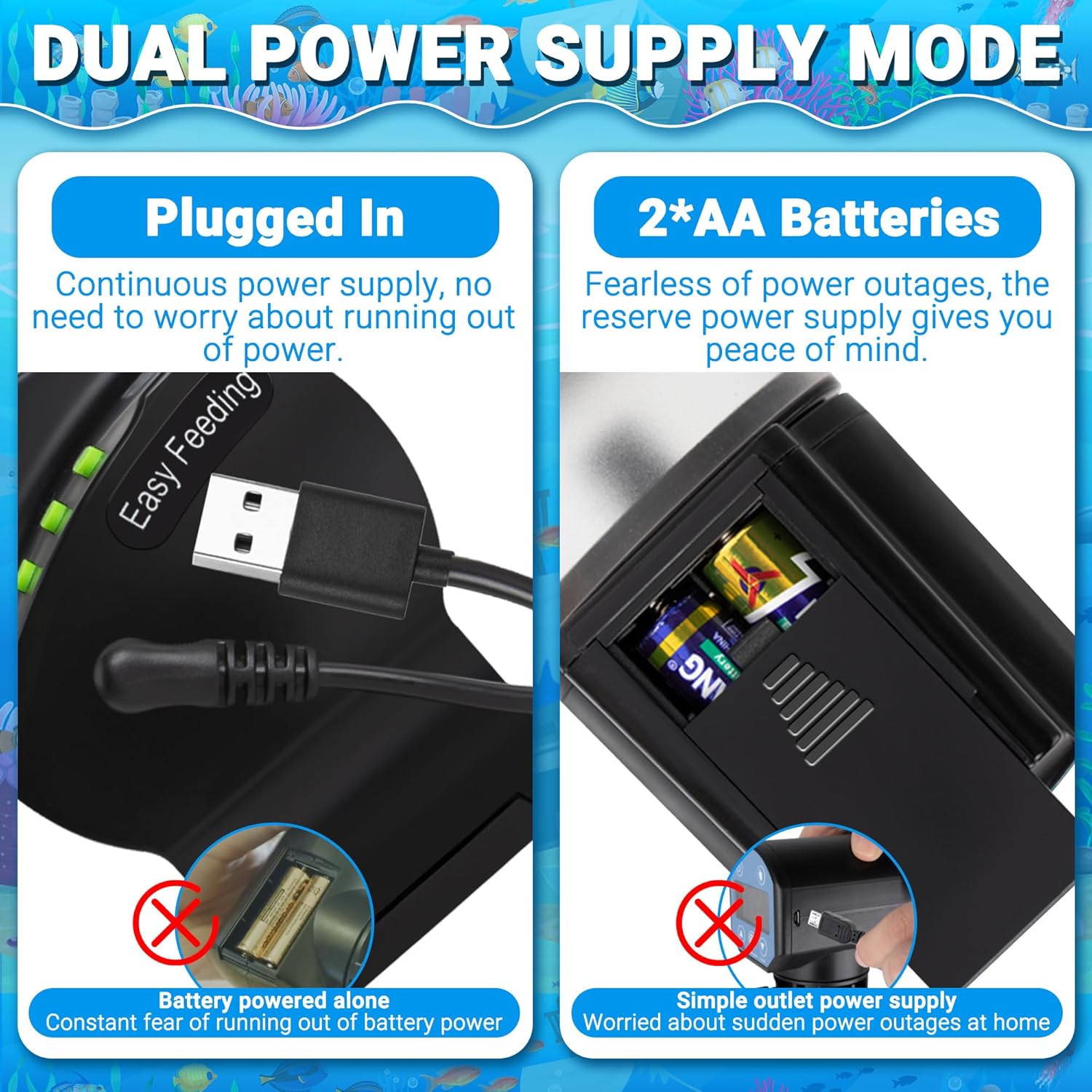 Dual power supply mode for an electronic device with USB connection and battery indicators at Pet Servo