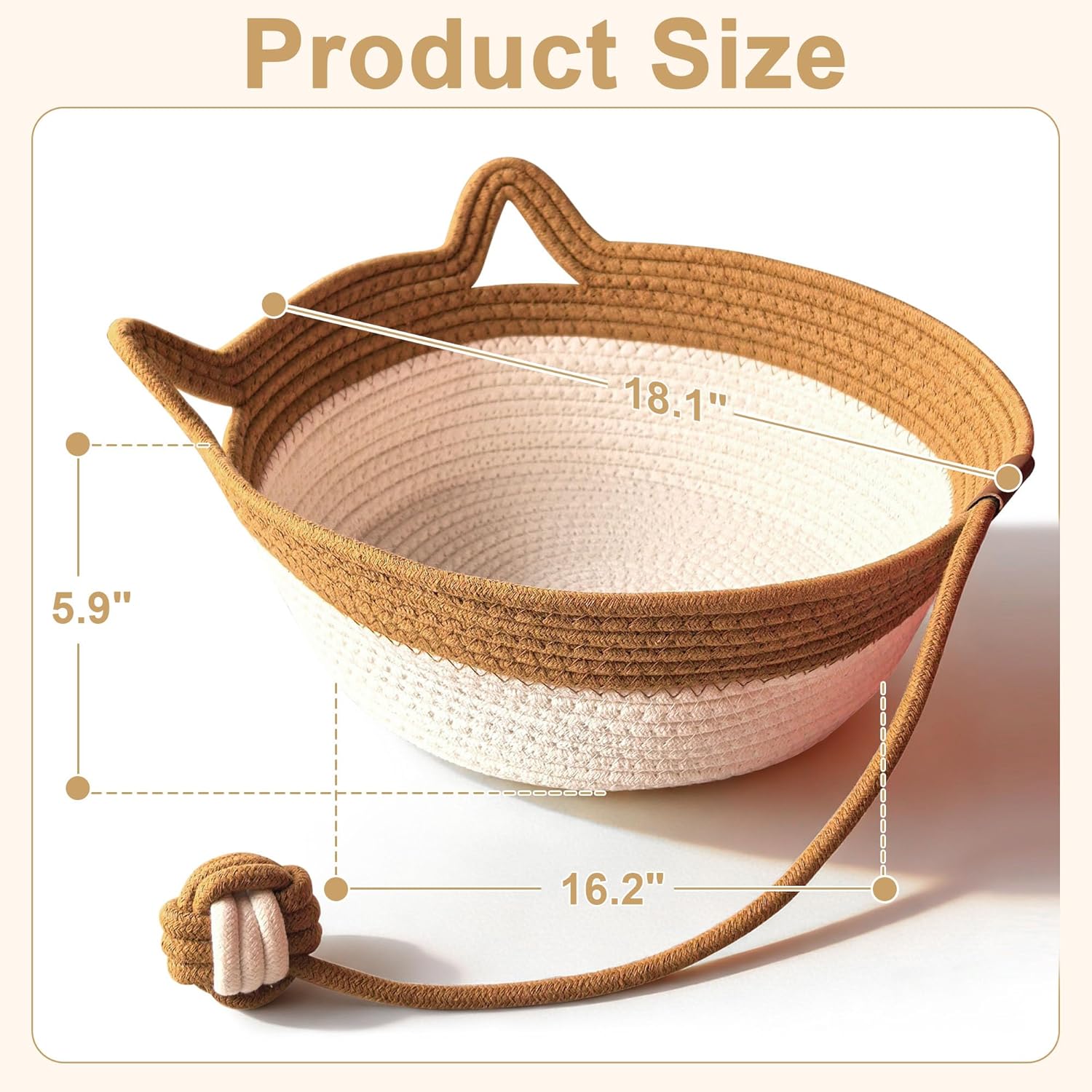 Woven basket with dimensions on a beige background at Pet Servo