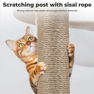 A Bengal cat peeks from behind a sisal rope cat tree post, with text at the top reading 'Scratching post with sisal rope' and a smaller subtitle about strong natural rope posts encouraging positive behavior at Pet Servo