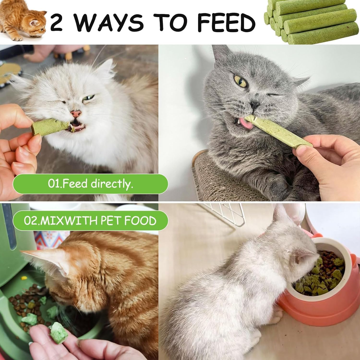 Collage showing two ways to feed cat treats: directly and mixed with pet food at Pet Servo