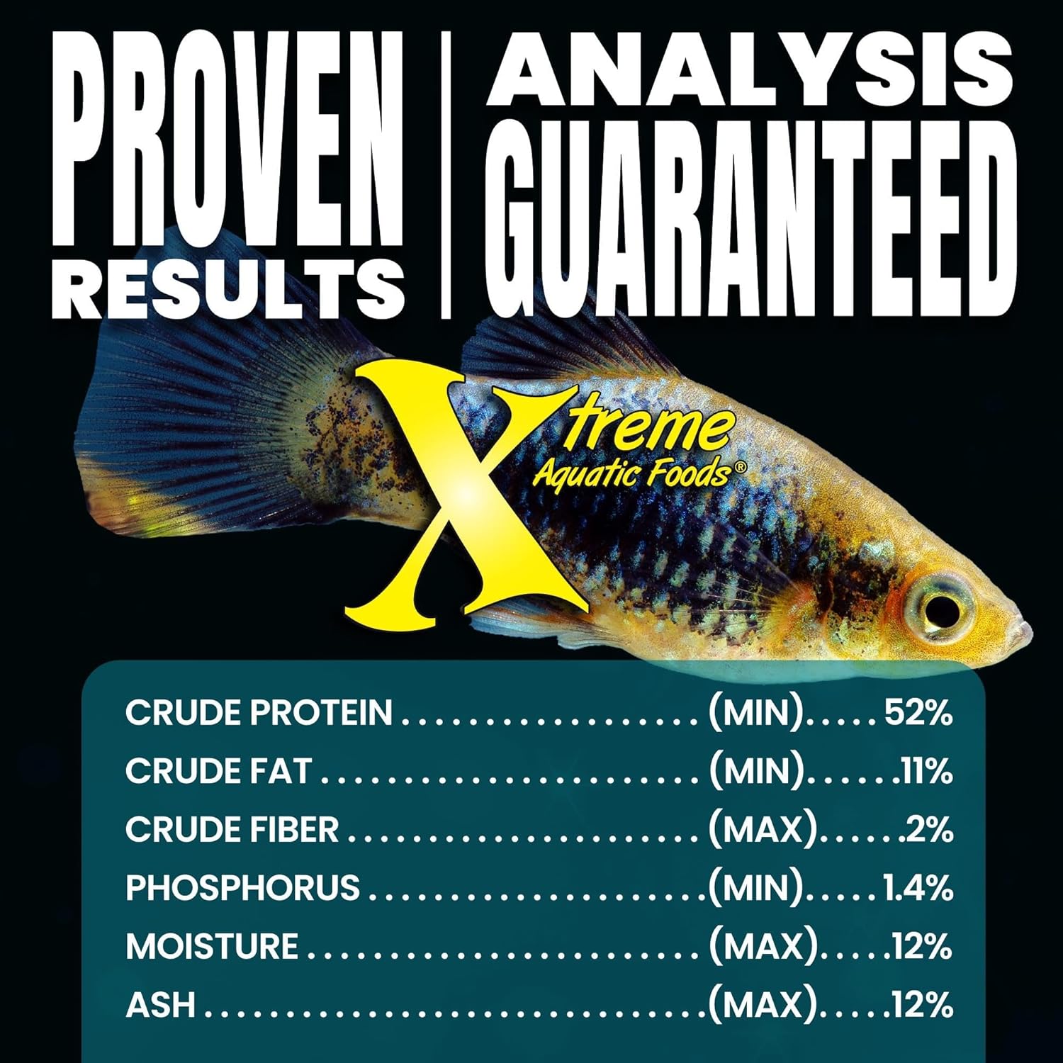 Advertisement for Xtreme Aquatic Foods with a fish and nutritional information on a black background at Pet Servo