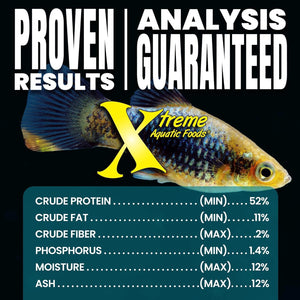 Advertisement for Xtreme Aquatic Foods with a fish and nutritional information on a black background at Pet Servo
