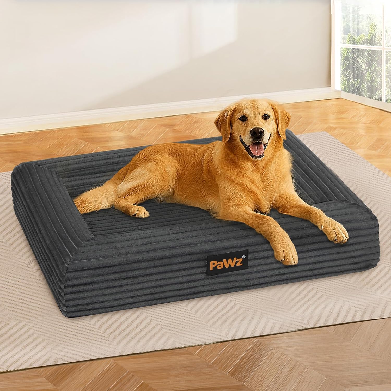 Dog lying on a large gray pet bed with 'PaWz' branding in a room with wooden flooring at Pet Servo