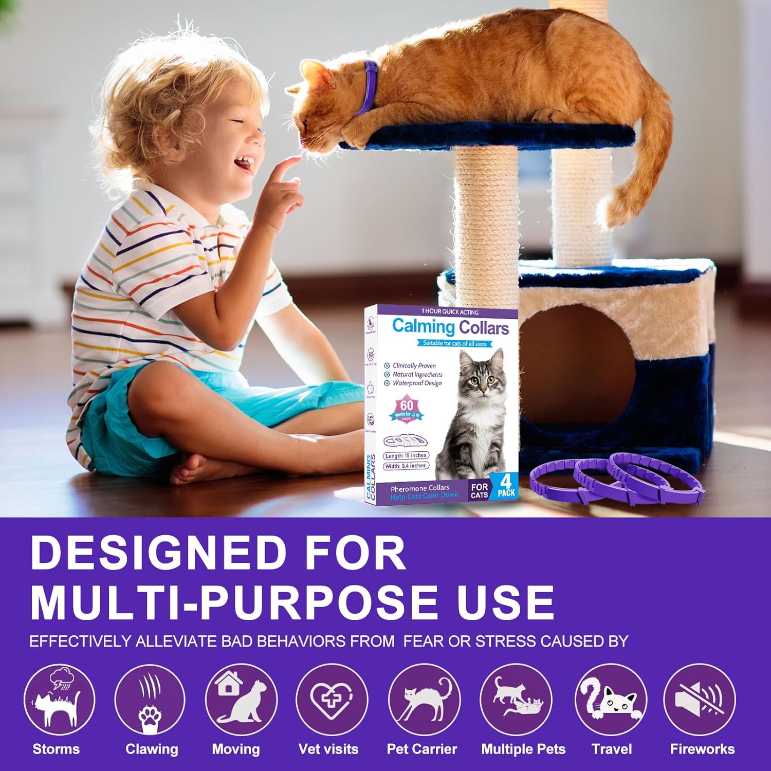 Child interacting with a cat on a cat tree, with a calming collar product in the foreground at Pet Servo